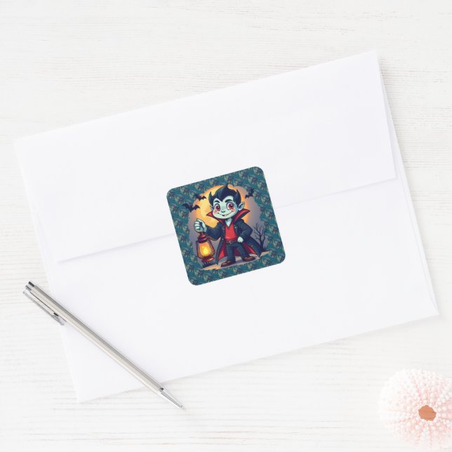 Sticker Carré Vampire mignon avec Lantern Kawaii Halloween (Enveloppe)