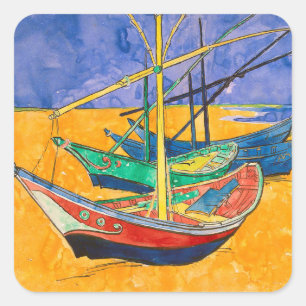 Sticker Carré Van Gogh Bateaux Plage impressionniste