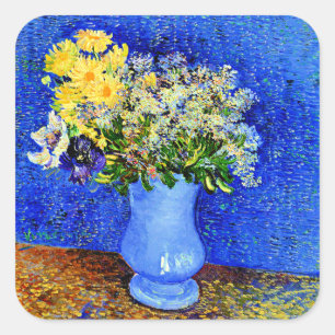 Sticker Carré Van Gogh - Bouquet de fleurs dans un Vase Bleu