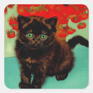 Sticker Carré Van Gogh Chat noir Fleurs rouges