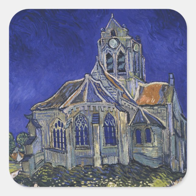 Sticker Carré Van Gogh L'église d'Auvers-sur-Oise sous un ciel b (Devant)