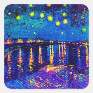 Sticker Carré Van Gogh - Nuit étoilée Sur Le Rhone Pop Art