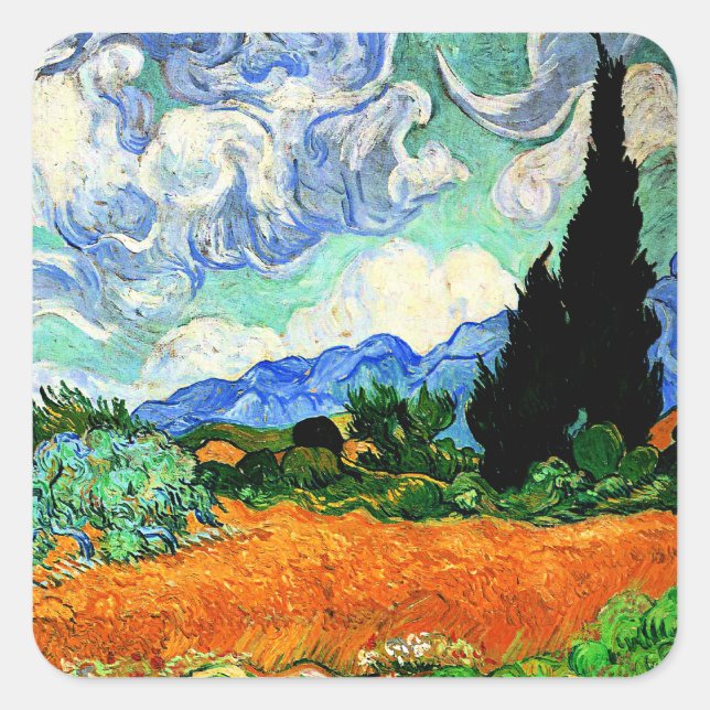 Sticker Carré Van Gogh peinture, Wheatfield avec Cypress Tree (Devant)