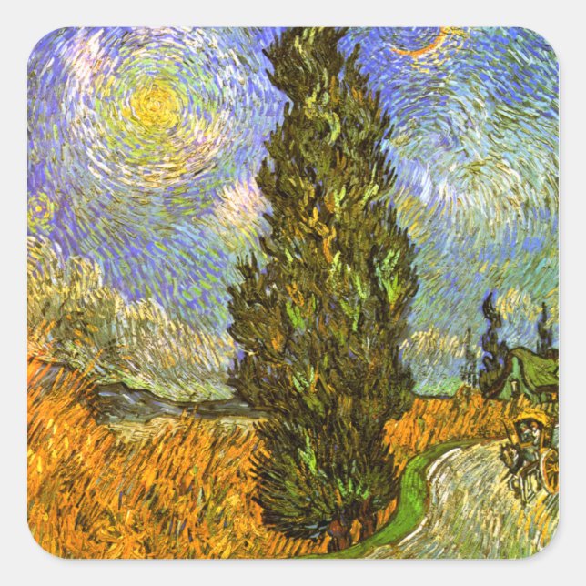 Sticker Carré Van Gogh : Route avec Cypress et Star (Devant)