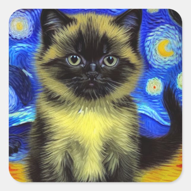 Sticker Carré Van Gogh Starry Nuit Siamese Cat (Devant)