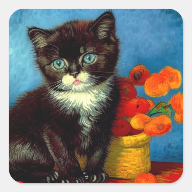 Sticker Carré Van Gogh Tuxedo Cat (Devant)
