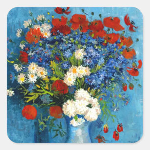 Sticker Carré Van Gogh Vase avec Cornflowers et Poppies