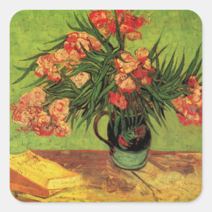 Sticker Carré Vase avec des lauriers roses et des livres de Vinc