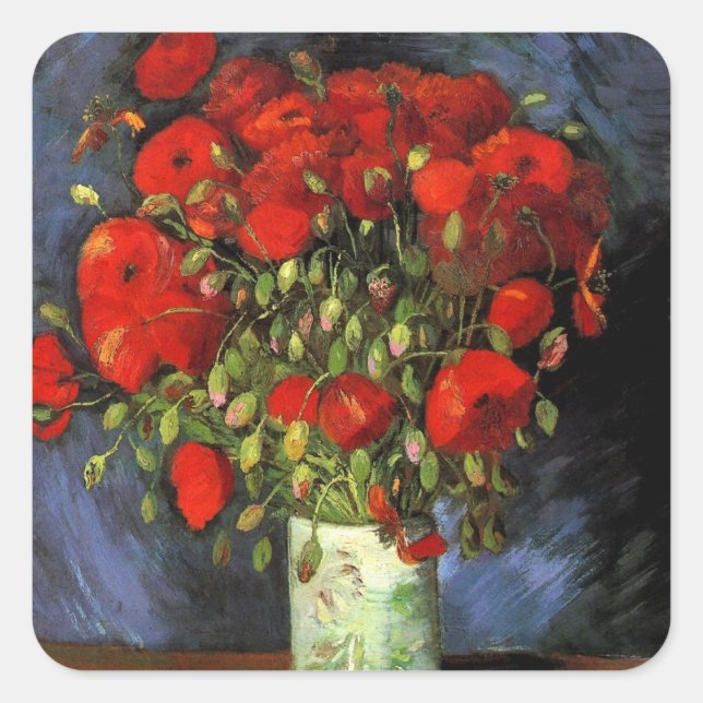 Sticker Carré Vase avec des pavots rouges par Vincent van Gogh (Devant)