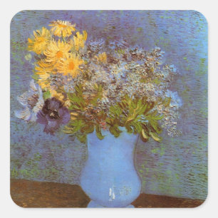 Sticker Carré Vase avec lilas et marguerites de Vincent van Gogh