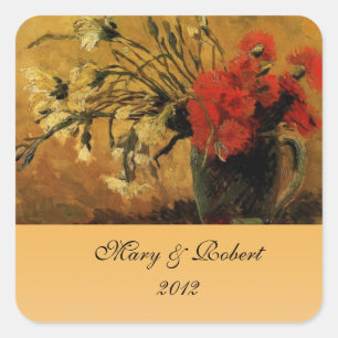 Sticker Carré vase avec oeillets rouges et blancs, Vincent