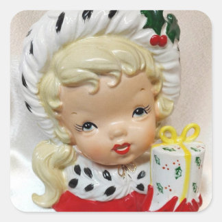 Sticker Carré Vase de tête de fille de Noël Présente Holly migno