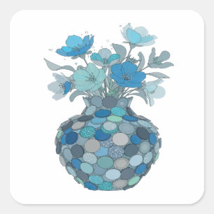 Sticker Carré Vase floral bleu gris frais Décalcomanie d'art