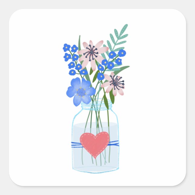 Sticker Carré Vase Floral Perwinkle Pot Mason Love Heart (Devant)