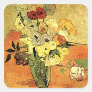 Sticker Carré Vase japonais, roses, anémones par Vincent van Gog