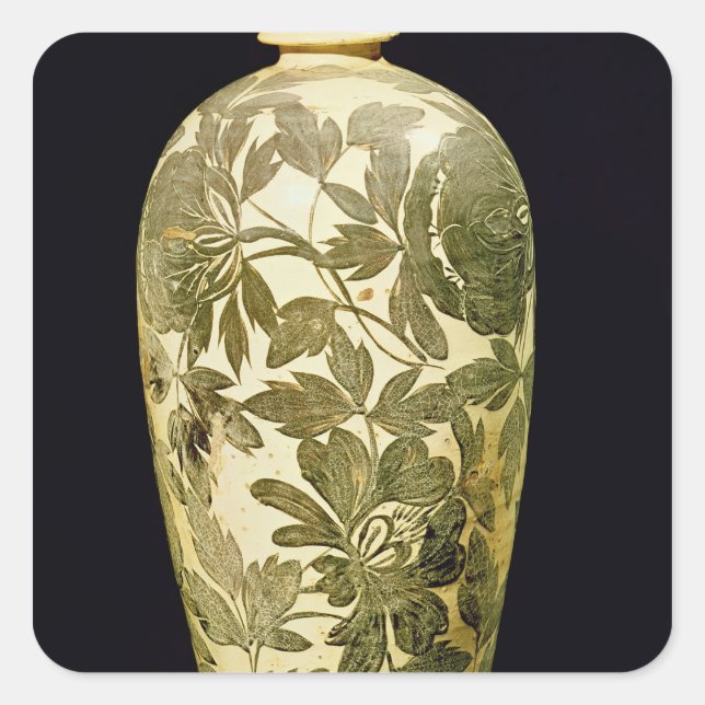 Sticker Carré Vase Mei P'ing à la décoration florale noire (Devant)