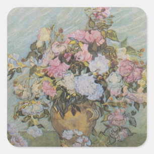 Sticker Carré Vase Van Gogh vintage avec roses roses roses