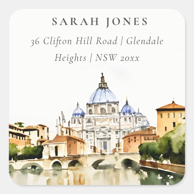 Sticker Carré Vatican Rome Italie Aquarelle Adresse Paysage (Devant)