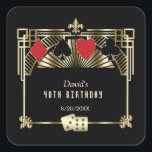 Sticker Carré Vegas Casino Royale Great Gatsby 40e anniversaire<br><div class="desc">N'IMPORTE QUEL ÂGE ! Royal, conception de carte Vintage Great Gatsby et Casino thème. Il présente un Great Gatsby, Roaring 1920's old Hollywood style Art déco forme, faux royal or freer-de-lis, polices vintages, une paire de dés, ainsi que des combinaisons de cartes avec des bords dorés. Utilisez l'outil Personnaliser pour...</div>