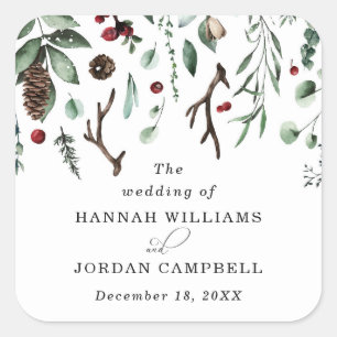 Sticker Carré Végétation hivernale rustique Baies de Noël rouges