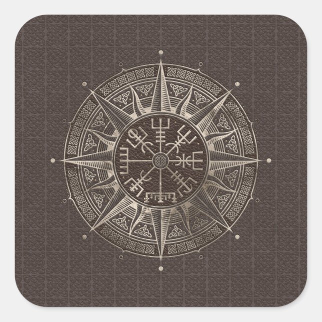 Sticker Carré Vegvisir - Viking Compass - Cuir Brown et or (Devant)