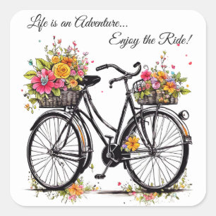 Sticker Carré Vélo Avec Panier De Fleurs Rose Jaune Orange