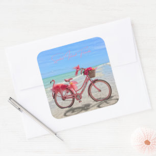 Sticker Carré Vélo flamant rose mignon sur la plage de l'île San