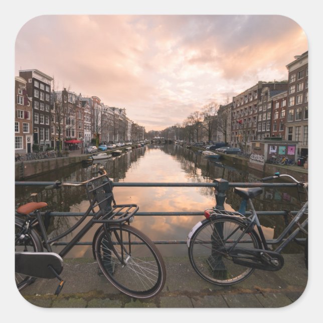Sticker Carré Vélos au coucher du soleil à Amsterdam (Devant)