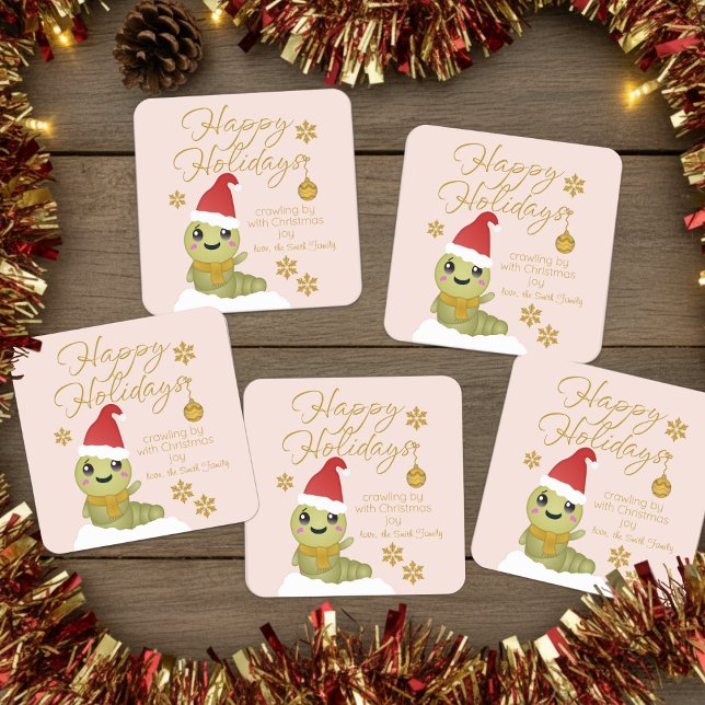 Sticker Carré Ver de Noël Cartoon avec texte de script (Customize these cute Christmas stickers and send them off with your gift of love.)