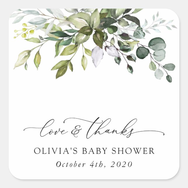 Sticker Carré Verdure, Eucalyptus Feuilles, Boho, Baby shower (Devant)