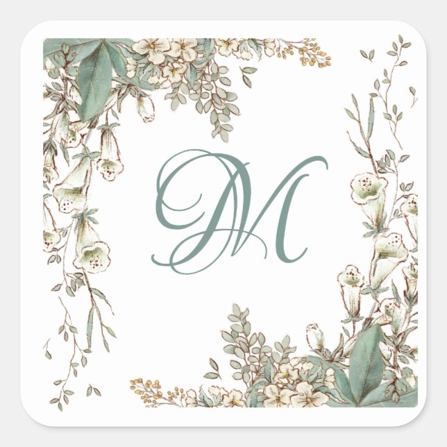 Sticker Carré Verdure Floral Garland Script Monogramme Élégant (Devant)