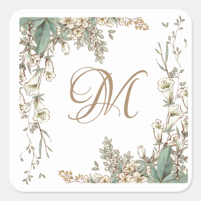 Sticker Carré Verdure Floral Garland Script Monogramme Élégant (Devant)