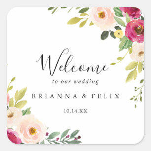 Sticker Carré Verdure Rose Blush Floral Mariage Bienvenue