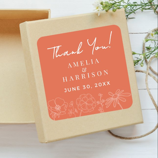 Sticker Carré Vérone coucher de soleil Elégant Mariage Floral Me (Verona Sunset Elegant Floral Wedding Thank You Favors Sticker with Couple Names, Wedding Date.)