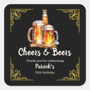 Sticker Carré Verre Bouteille Cheers and Beers 50e Anniversaire
