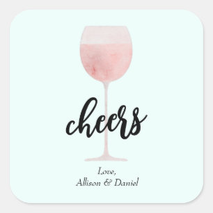 Sticker Carré Verre Rosé Cheers Mariage ou douche Faveur