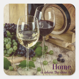 Sticker Carré Verres à vin rouge et blanc Raisin Tonneau