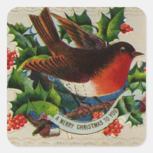 Sticker Carré Vers 1900 : Un rouge-gorge traditionnel de Noël