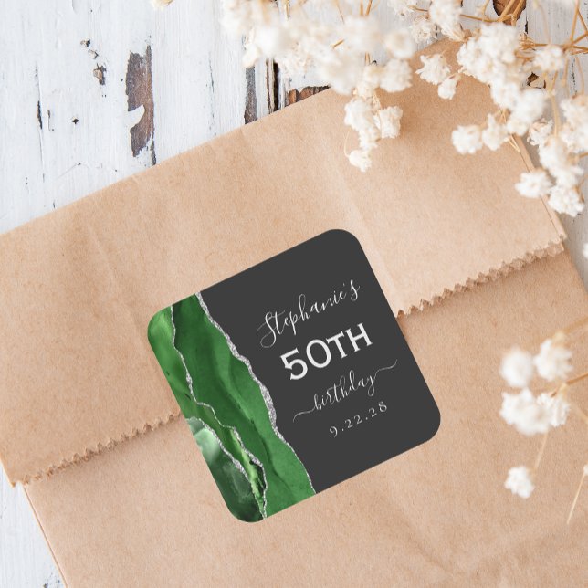 Sticker Carré Vert Agate Argent Foncé 50e Anniversaire (Créateur téléchargé)