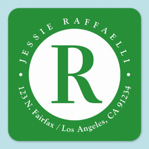 Sticker Carré Vert & Blanc Adresse de Retour Monogramme