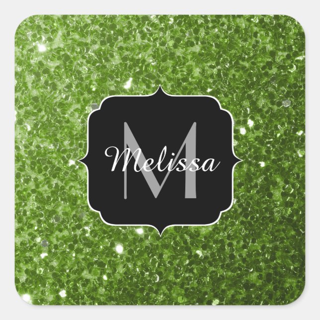 Sticker Carré Vert clair verdure paillettes scintille Monogramme (Devant)