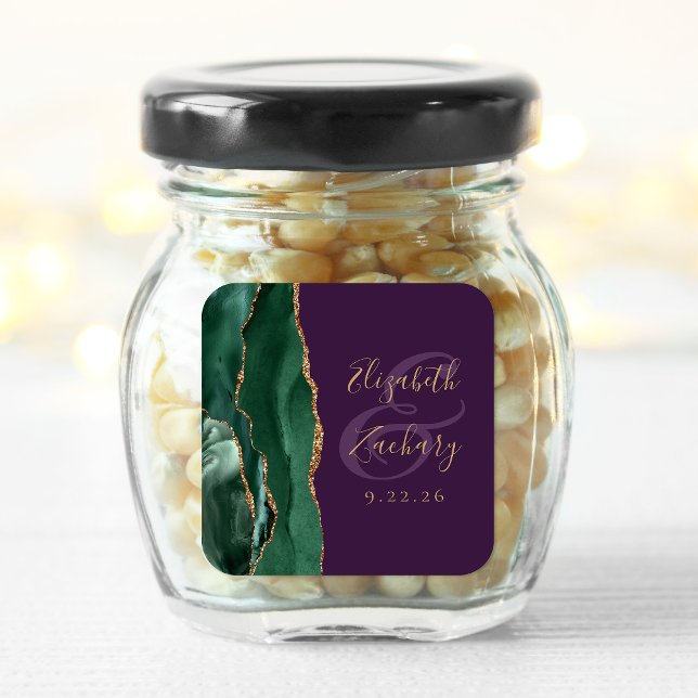 Sticker Carré Vert émeraude Or Agate Script Mariage Violet (Créateur téléchargé)