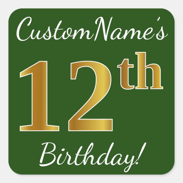 Sticker Carré Vert, Faux Gold 12e anniversaire + Nom personnalis (Devant)