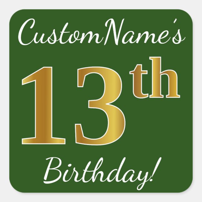 Sticker Carré Vert, Faux Gold 13e anniversaire + Nom personnalis (Devant)
