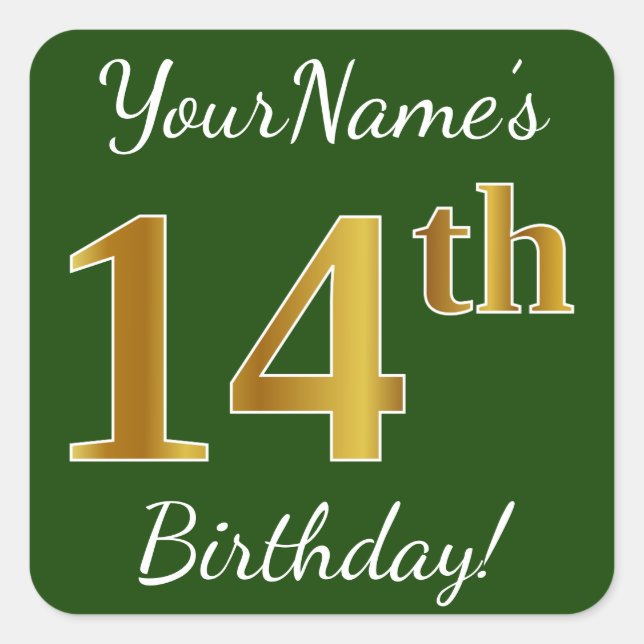 Sticker Carré Vert, Faux Gold 14e anniversaire + Nom personnalis (Devant)