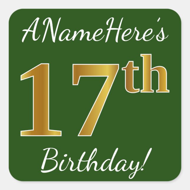 Sticker Carré Vert, Faux Gold 17e anniversaire + Nom personnalis (Devant)