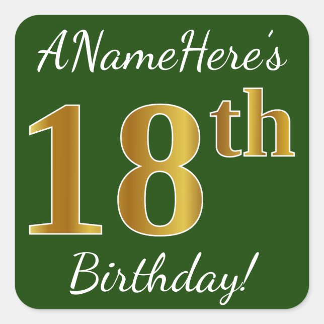 Sticker Carré Vert, Faux Gold 18e anniversaire + Nom personnalis (Devant)
