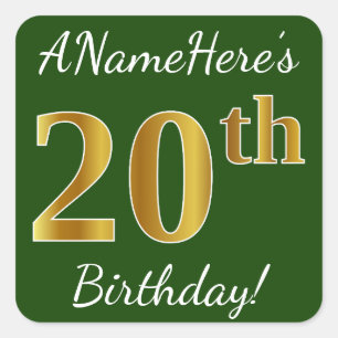 Sticker Carré Vert, Faux Gold 20e anniversaire + Nom personnalis