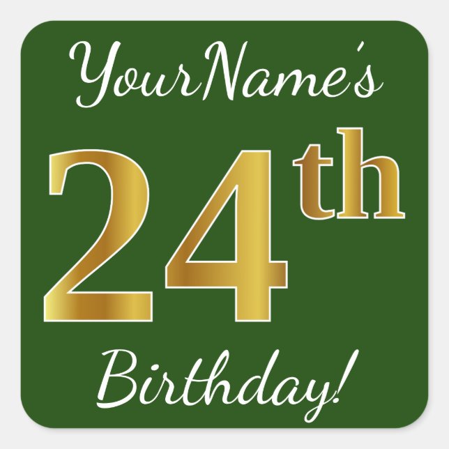 Sticker Carré Vert, Faux Gold 24e anniversaire + Nom personnalis (Devant)