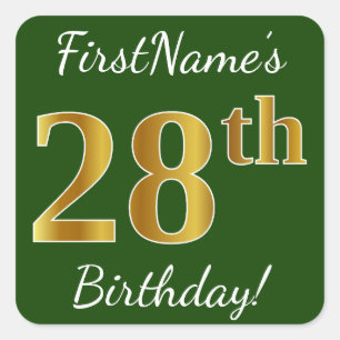 Sticker Carré Vert, Faux Gold 28e anniversaire + Nom personnalis